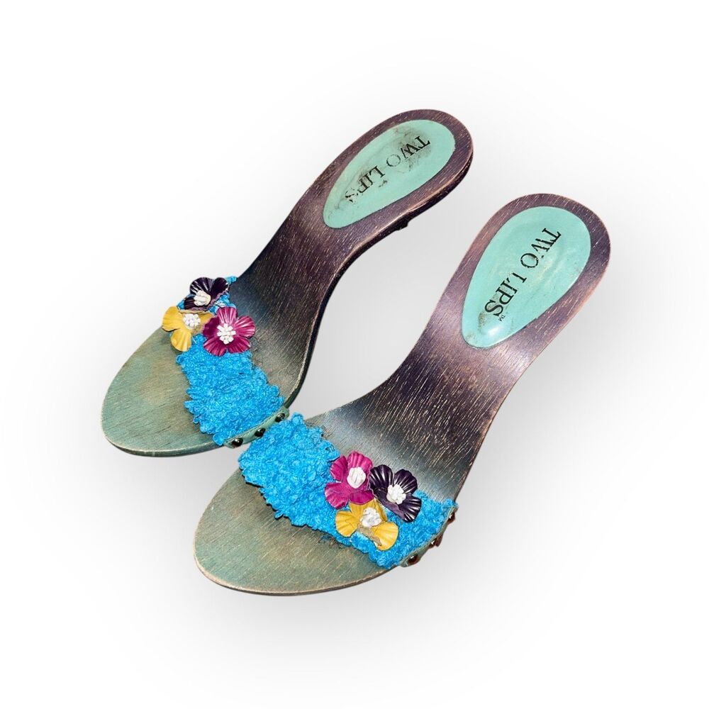 Vintage Two Lips Y2K Floral Wood Heel Mules